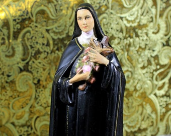 Antique Saint Teresa of Lisieux Sculpture, French Saint, Plaster Saint, Plaster Sculpture, Saint Statue, Saint with Base, Numbered Saint