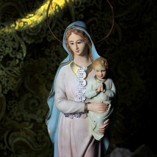 Statue de la Vierge à l'Enfant, Vieille Vierge vintage, Sculpture Vierge, Vierge en plâtre, Statue de Notre-Dame, Statue religieuse, Yeux de cristal