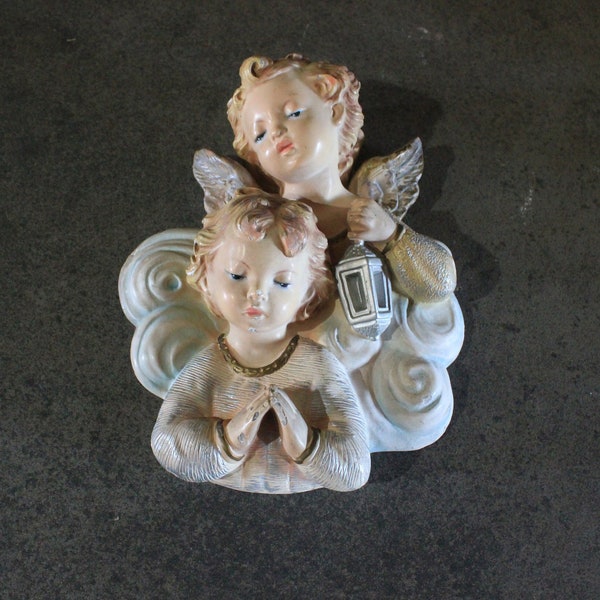 Couple de chérubins, Anges muraux, Putti anciens, Chérubins anciens, Sculptures de chérubins, Putti en plâtre, Chérubins polychromes