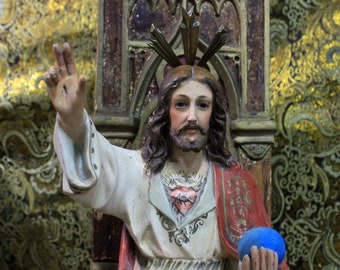 Impressive Jesus on Throne, Jesus Christ Sculpture, Religious Figure, Sacred Heart  Jesus, Glass Eyes, Polychrome Sculpture, OLOT,