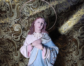 Skulptur der Unbefleckten Empfängnis, Antike spanische Madonna, Gipsstatue, Jungfrauenfigur, Madonna mit Engeln, Madonna 50 cm