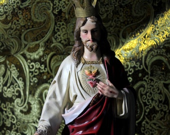 Sculpture Sacred Heart Jesus, Large Sculpture 17'3 inch, Sacred Heart Figure, Jesus Figure, Plaster Statue, Glass Eyes