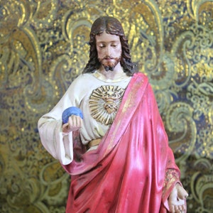 Sculpture Sacred Heart Jesus,  Sculpture Jesus 15&#39;7 inch, Sacred Heart, Figure of Jesus, Plaster Sculpture Jesus, Crystal Eyes, 30s