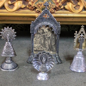 Religious Set of 4, Set with Bell, Set with Chapel, Set with Virgen del Pilar, Spanish Set, Metal Religious Set.