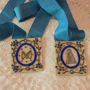 Antique Scapular, Virgin of the Forsaken Scapular, Embroidered Scapular with Rhinestones, Silver Thread Scapular, Silk Screen Printing