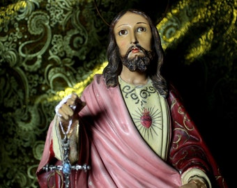 Jesus on Ancient Throne, Jesus Christ Enthroned, Religious Figure, Sacred Heart of Jesus, Crystal Eyes, Polychrome Sculpture, OLOT,