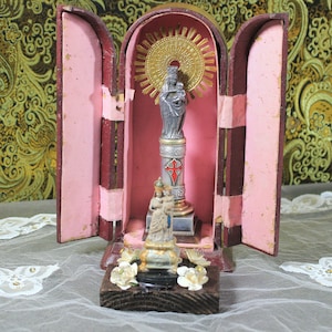 Virgen del Pilar Chapel Complex, Metal Virgin Pilar, Niche with Virgin, Cardboard Chapel, Zaragoza Religious Complex, Altar.