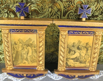 Antique Pair of Religious Icons, Via Crucis Couple, Wooden Icons, Icons with Lithography, Crucifixion Icons, 50s Icons