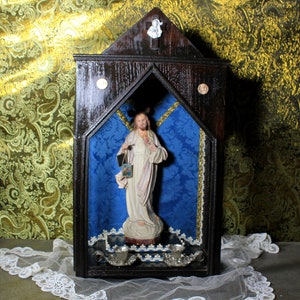 Old Altar Chapel, 59 cm, Old Niche, Gothic Style Chapel, Sacred Heart of Jesus Niche, Wooden Chapel with Jesus.