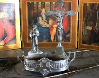 Religious Set of 3, Set with Cross, Set with vase, Set with religious figure, Spanish Set, Religious Metal Set.