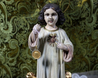 Antique Child Jesus, Child Jesus Religious, Vintage Religious Art, Antique Child Jesus Heart of Jesus Statue, Plaster Sculpture, Olot Child