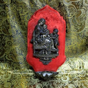 Large Holy Water 19th, Antique Holy Water Virgin with Jesus and Saint John, Church Blessed Bronze, Blessed Raphael Painting, Renaissance