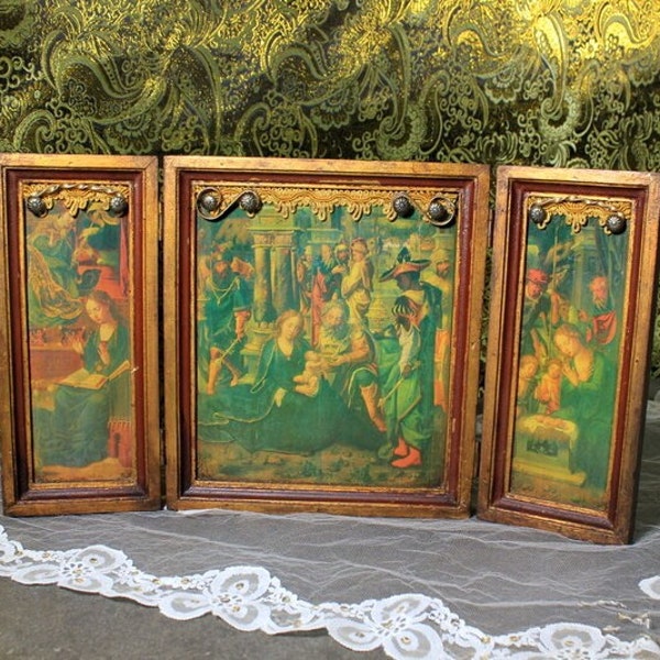 Triptyque en bois antique, Vierge à l'enfant, triptyque doré, triptyque de l'adoration des rois, Pieter Coecke Van Aelst, triptyque religieux,