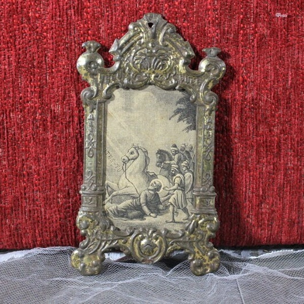 Early Century Silver Tin Frame, Religious Lithograph with Metal Frame, Religious Decoration, Wall Decoration