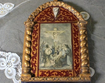 Ancient Religious Icon, Via Crucis nº12, Wooden Icon, Icon with Lithograph, Crucifixion Icon, 30's Icon