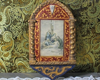 Ancient Religious Icon, Via Crucis nº8, Wooden Icon, Icon with Lithograph, Crucifixion Icon, 40's Icon