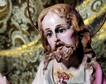 Jezus op de troon, Jezus Christus sculptuur, oude religieuze figuur, heilig hart van Jezus, Christus sculptuur jaren 1920, polychrome sculptuur