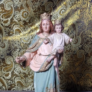 Antigua María Auxiliadora, Estatua Virgen y Niño, Antigua Virgen, Escultura Virgen, Estatua Virgen, Estatua Madonna, Ojos Cristal