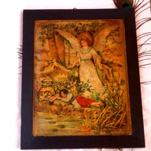 Antique Religious Lithography 19th, Guardian Angel, Art Nouveau Lithograph, Antique Lithograph, Art Nouveau Frame, Wooden Frame, Spanish Art