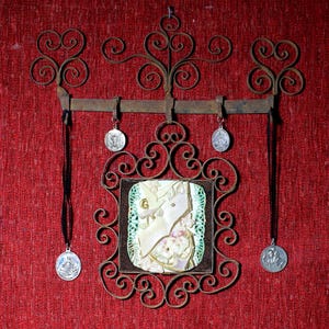 Antique Baptism Icon, Altar with Print, Metal Altar, Hanging Reliquary, Antique Hanging Altar, 1920s