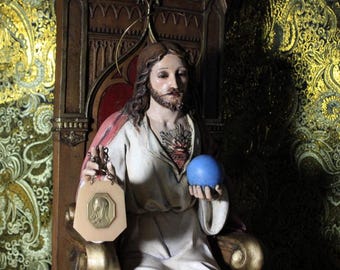 Amazing Jesus on Throne, Large Jesus Christ Sculpture, Religious Figure, Sacred Heart of Jesus, Glass Eyes, Polychrome Sculpture, OLOT,
