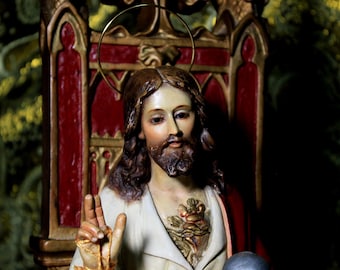 Impressive Jesus on Throne, Jesus Christ Sculpture, Religious Figure, Sacred Heart  Jesus, Glass Eyes, Polychrome Sculpture, OLOT