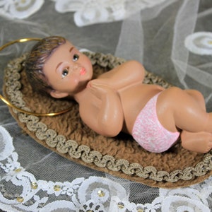 Antique Baby Jesus,17 cm, Baby Jesus with Bed, Nativity Baby Jesus, Plaster Statue, Religious Art, Crystal Eyes