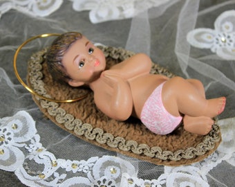 Antyczne Dzieciątko Jezus, 19 cm, Dzieciątko Jezus z łóżeczkiem, Narodziny Dzieciątka Jezus, Figura gipsowa, Sztuka religijna, Szklane oczy