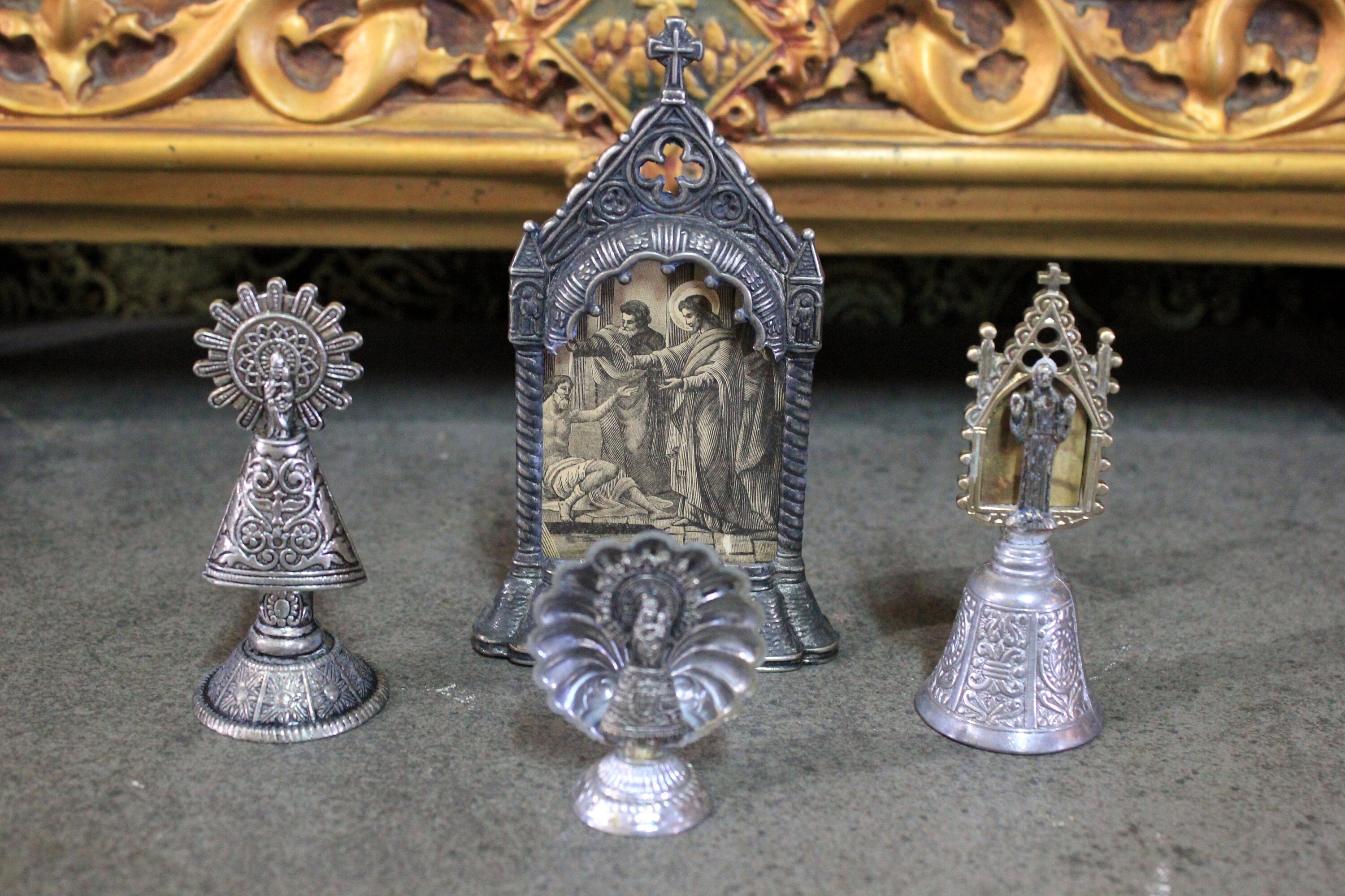 Religious Set of 4, Set with Bell, Set with Chapel, Set with Virgen del Pilar, Spanish Set, Metal Religious Set.