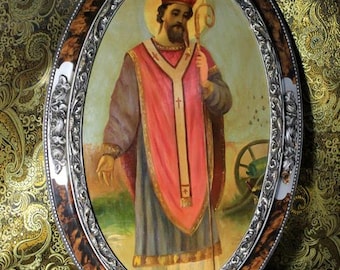 Antique Oil on cardboard, Religious Painting, Antique Religious Oil Painting with Frame, Painting of a Saint, Framed religious painting.