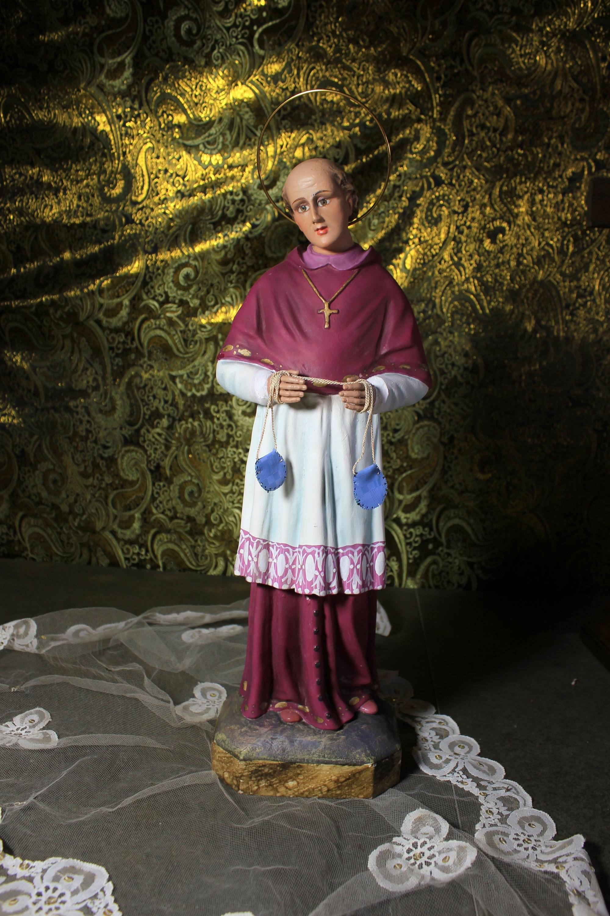 Saint Charles Borromeo, Saint 46 cm, Saint Sculpture Olot, Plaster Statue Catalonia, Saint Statue, Wooden Base, Crystal Eyes Sculpture