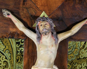 Small Plaster Crucifix, Old Rama Cross, Wall Crucifix, Crystal Eyes Crucifix, Catholic Crucifix, Catalan Crucifix