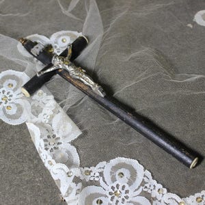 XIX Wooden Cross, Art Nouveau Crucifix, Silver Metal Christ, Religious Crucifix, Wood Wall Cross, Antique Wall Crucifix