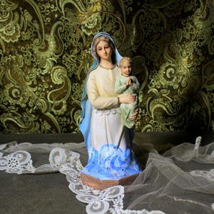 Posąg Dziewicy i Dziecka, Stara Dziewica Vintage, Rzeźba Dziewicy, Dziewica gipsowa, Statua Matki Bożej, Statua religijna, Kryształowe Oczy