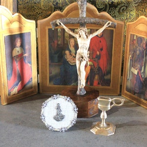 Plaque, Bronze Vessel, Crucifix, Spanish Set, Metal Religious Set, Vintage