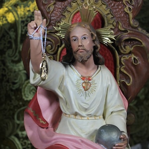 Ancient Jesus on Throne, Jesus Christ Sculpture, Religious Figure, Sacred Heart of Jesus, Cristal Eyes, Polychrome Sculpture, OLOT