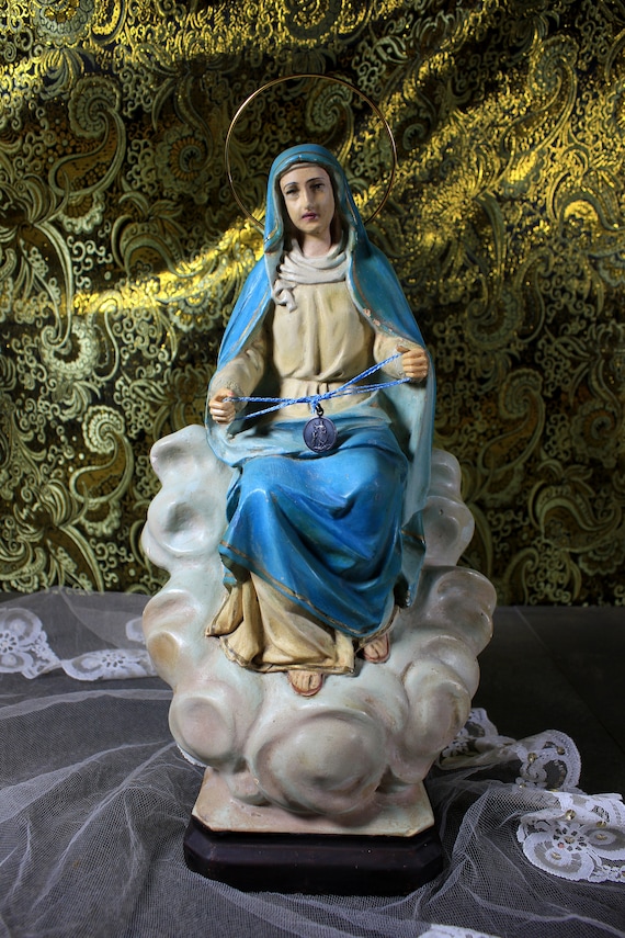 Old Virgin of the Ribbon, 38 Cm, Plaster Virgin Statue, Polychrome 
