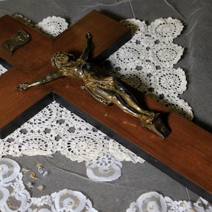 Wooden Cross, Art Nouveau Crucifix, Silver Metal Christ, Religious Crucifix, Wood Wall Cross, Antique Wall Crucifix