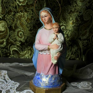 Posąg Dziewicy i Dziecka, Stara Dziewica Vintage, Rzeźba Dziewicy, Dziewica gipsowa, Statua Matki Bożej, Statua religijna, Kryształowe Oczy