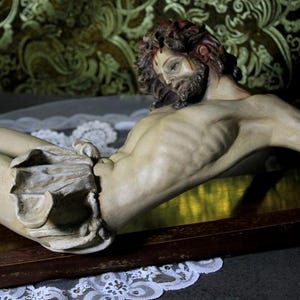 Large Plaster Crucifix, Antique Wooden Cross, Wall Crucifix, Christian Crucifix, Baroque Style Christ Crucifix, Polychrome Christ