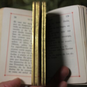 May include: An open antique book with gold-gilded edges. The pages are cream-colored with printed text and red border lines. The book is held open, revealing the text and the gold edges.