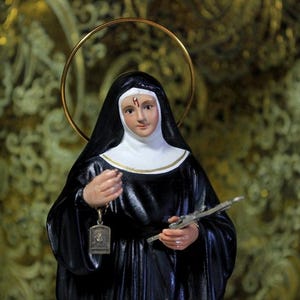 Scultura di Santa Rita da Cascia, Antica scultura di Santa, Statua in gesso di Olot, Statua di Santa, Figura Sacra.