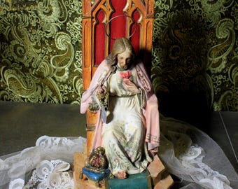 Jezus op de troon, Jezus Christus sculptuur, oude religieuze figuur, heilig hart van Jezus, Christus sculptuur jaren 1940, polychrome sculptuur