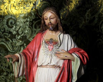 Sacred Heart Jesus Sculpture, Jesus Sculpture 47 cm, Sacred Heart, Jesus Figure, Jesus Plaster Sculpture, Crystal Eyes, OLOT