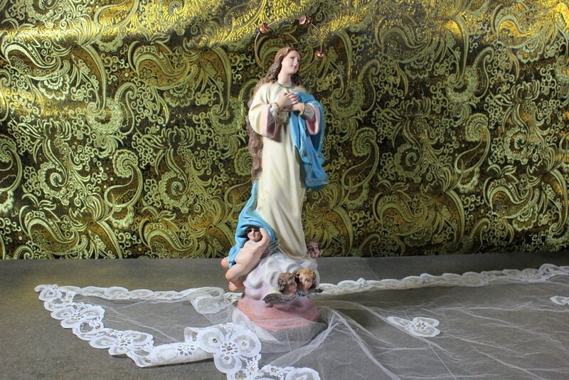 Immaculate Conception Virgin Sculpture, Old Spanish Virgin, Plaster Statue, Virgin Figure, Virgin with Angels, Virgin 14'1 pulgadas