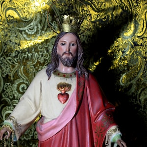 Sculpture Sacred Heart Jesus, Large Sculpture 21&#39;2 inch, Sacred Heart Figure, Jesus Figure, Plaster Statue, Glass Eyes, Olot