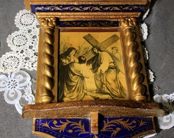 Ancient Religious Icon, Via Crucis nº4, Wooden Icon, Icon with Lithograph, Crucifixion Icon, 40's Icon