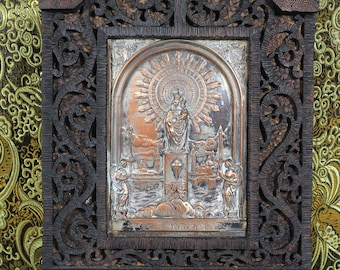 Gerahmte Plakette der Jungfrau von Pilar, Metall-Jungfrau-Plakette, Virgen del Pilar, Hängeplakette, gerahmtes Metallrelief, Religion.