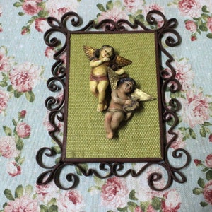 Pair Framed Angels, Old Cherubs, Wall Angels, Old Angels, Wrought Iron Frame, Plaster Statue, Sculpture Angels Plaster, 30s