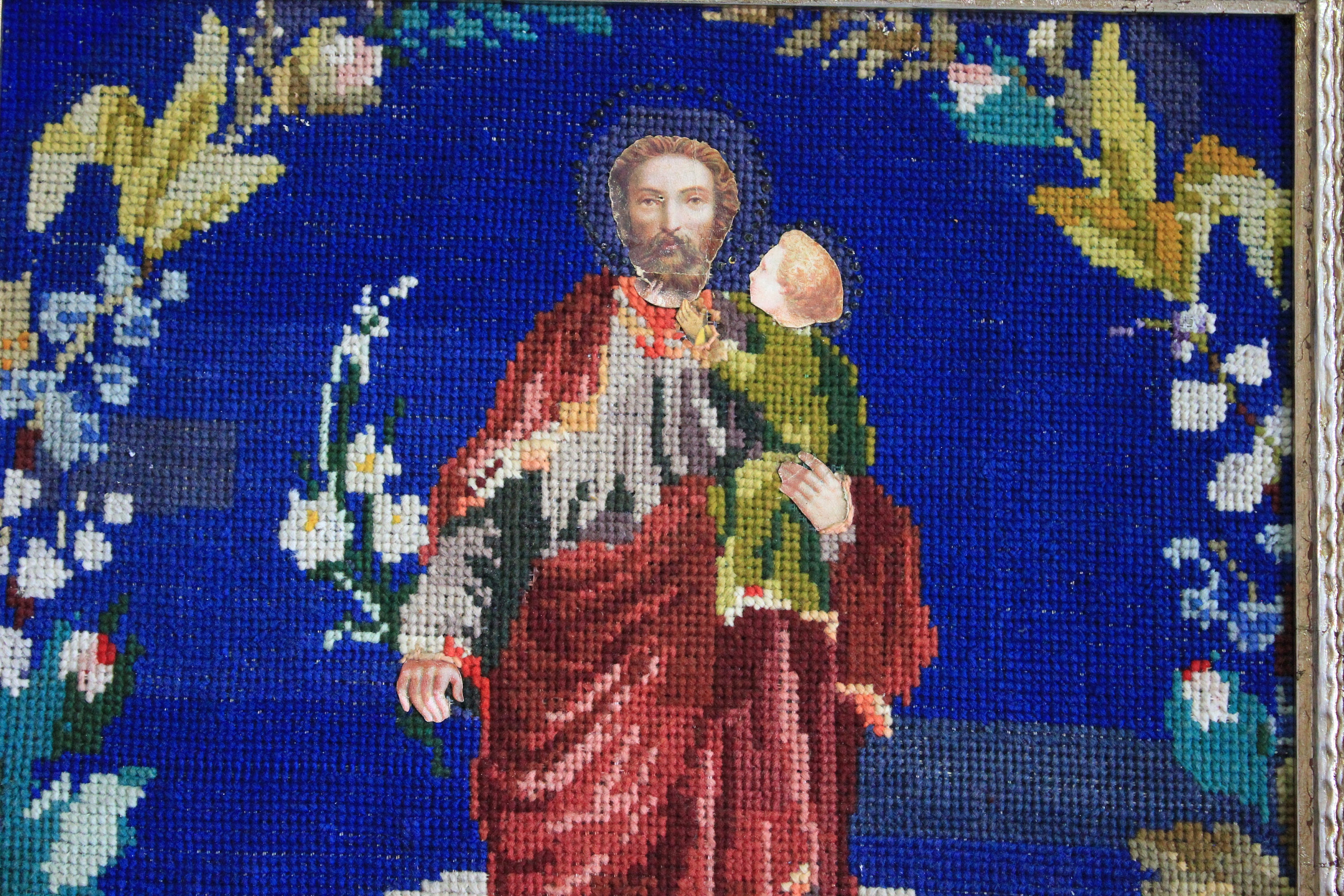 Antique Spanish Embroidery, Saint Joseph with Child Embroidery, Religious Embroidery, Colored Thread Embroidery, Silver Frame Embroidery,
